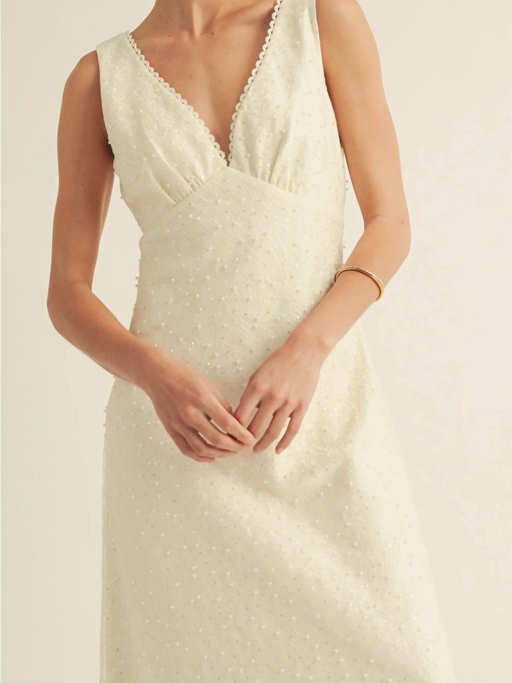 White / Cream Bridal V-Neck Beaded Maxi Dress
